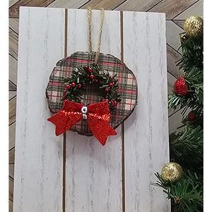 Red/Green Plaid Wreath and Red Bow Wooden Disk Holly Ornament/Gift Tag, 2.5 inch